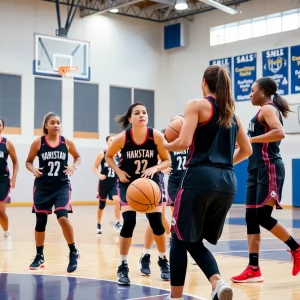 Kentucky women's basketball players practicing on the court
