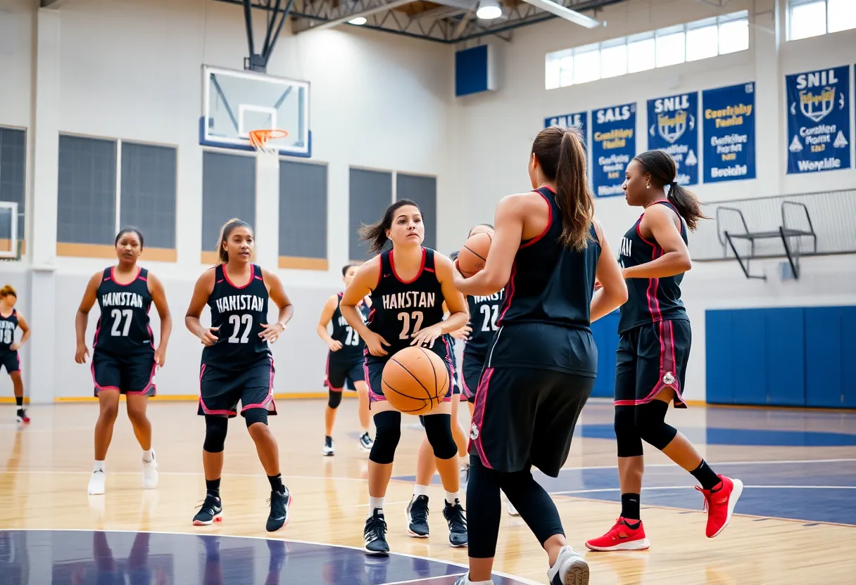 Kentucky women's basketball players practicing on the court