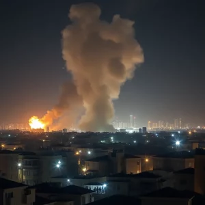 Nighttime view of Kyiv skyline under drone attack with explosions.