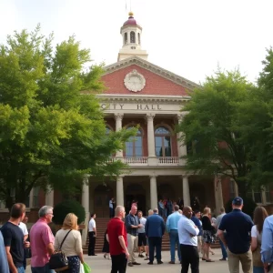 Exterior view of Lexington City Hall with community members nearby.