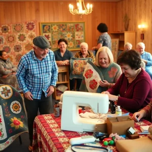 Community gathering honoring Luella McMillan with quilts and family interactions.