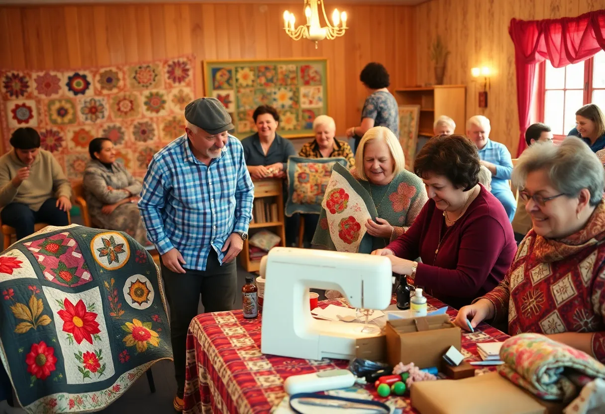 Community gathering honoring Luella McMillan with quilts and family interactions.