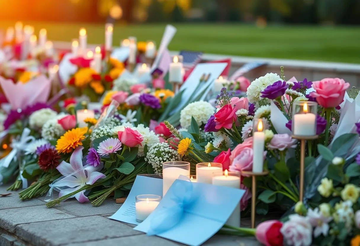Memorial setting with flowers and candles for C.A. McChesney