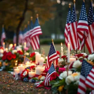 A memorial scene honoring a WWII veteran with flowers and flags