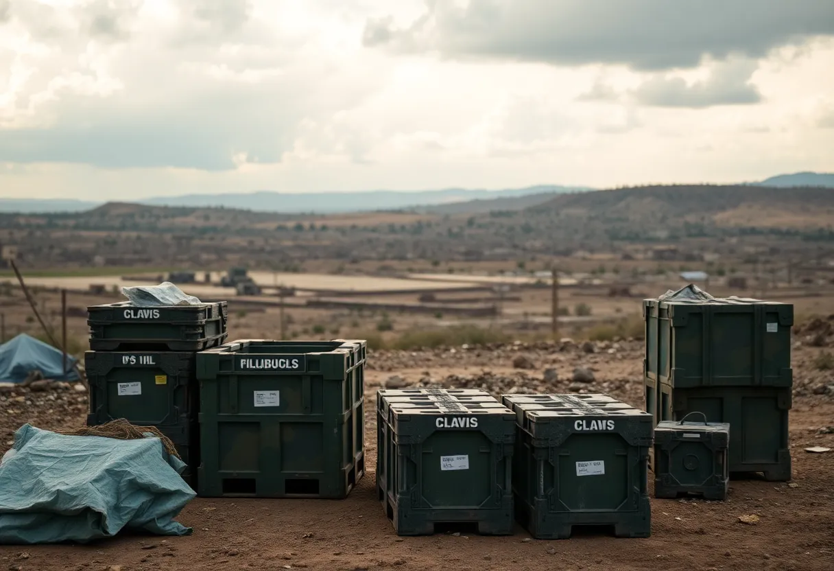 Military supplies crates in a war zone