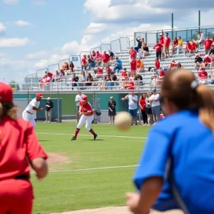 MTSU softball players in action on the field during a game.