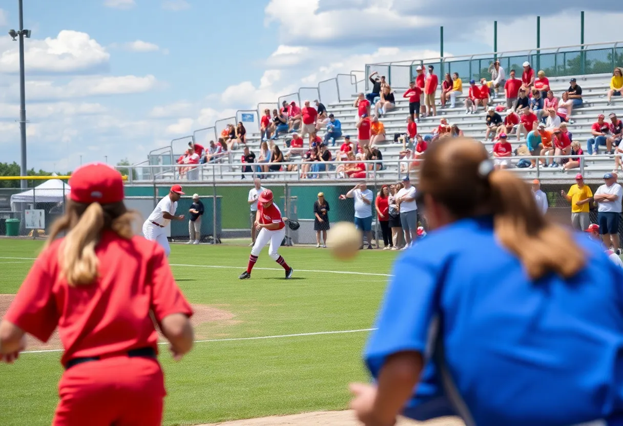 MTSU softball players in action on the field during a game.