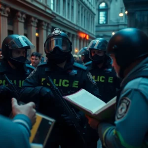 Police conducting a raid on a political headquarters