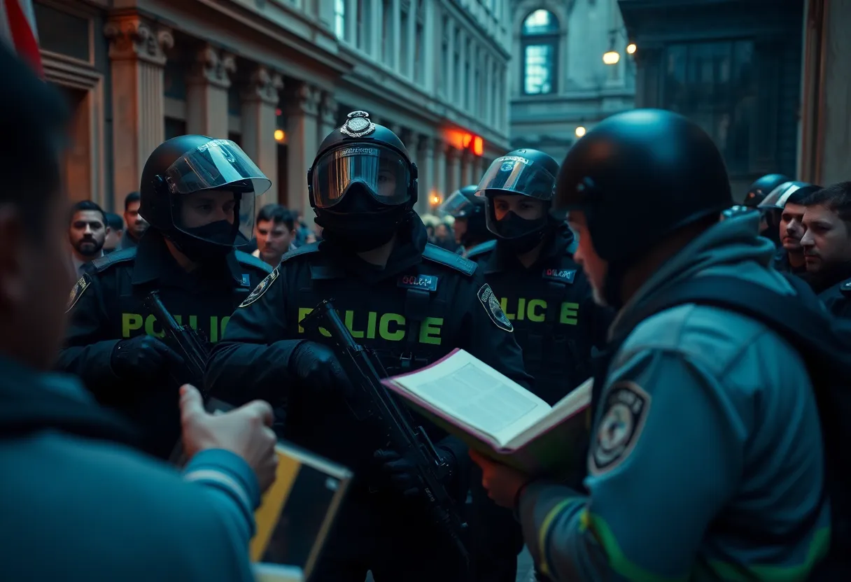 Police conducting a raid on a political headquarters