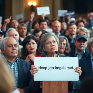 Crowd at a political rally responding to controversial remarks.