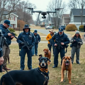 Community members and law enforcement conducting a search operation.