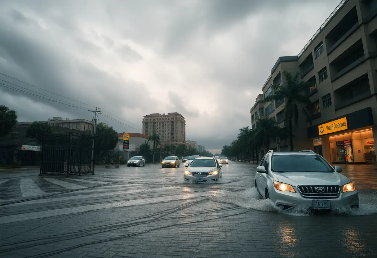 Severe flooding causing disruption in urban areas due to intense rain.