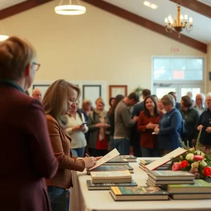 A scene from the book signing event featuring an author signing her new book for fans.