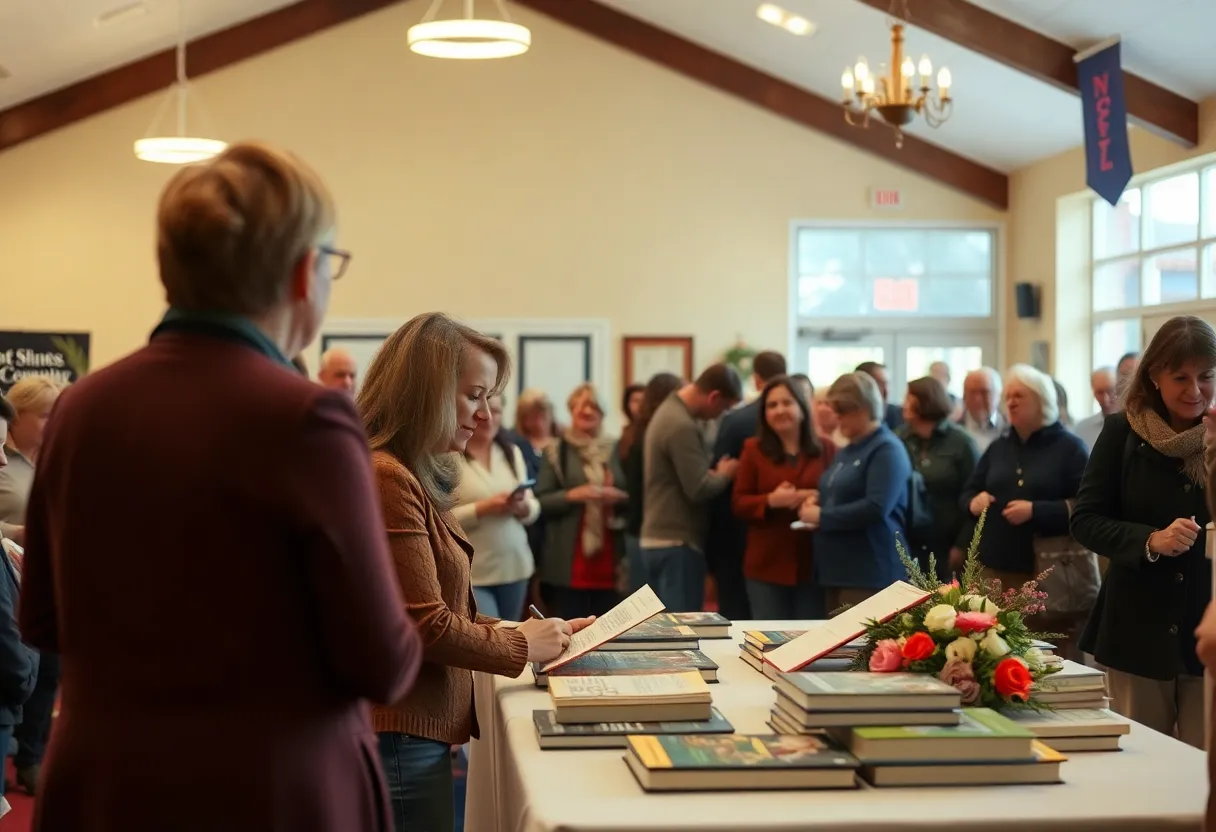 A scene from the book signing event featuring an author signing her new book for fans.