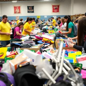 Volunteers sorting school supplies at a community donation event