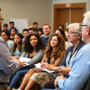 Community members discussing early childhood education at a town hall.