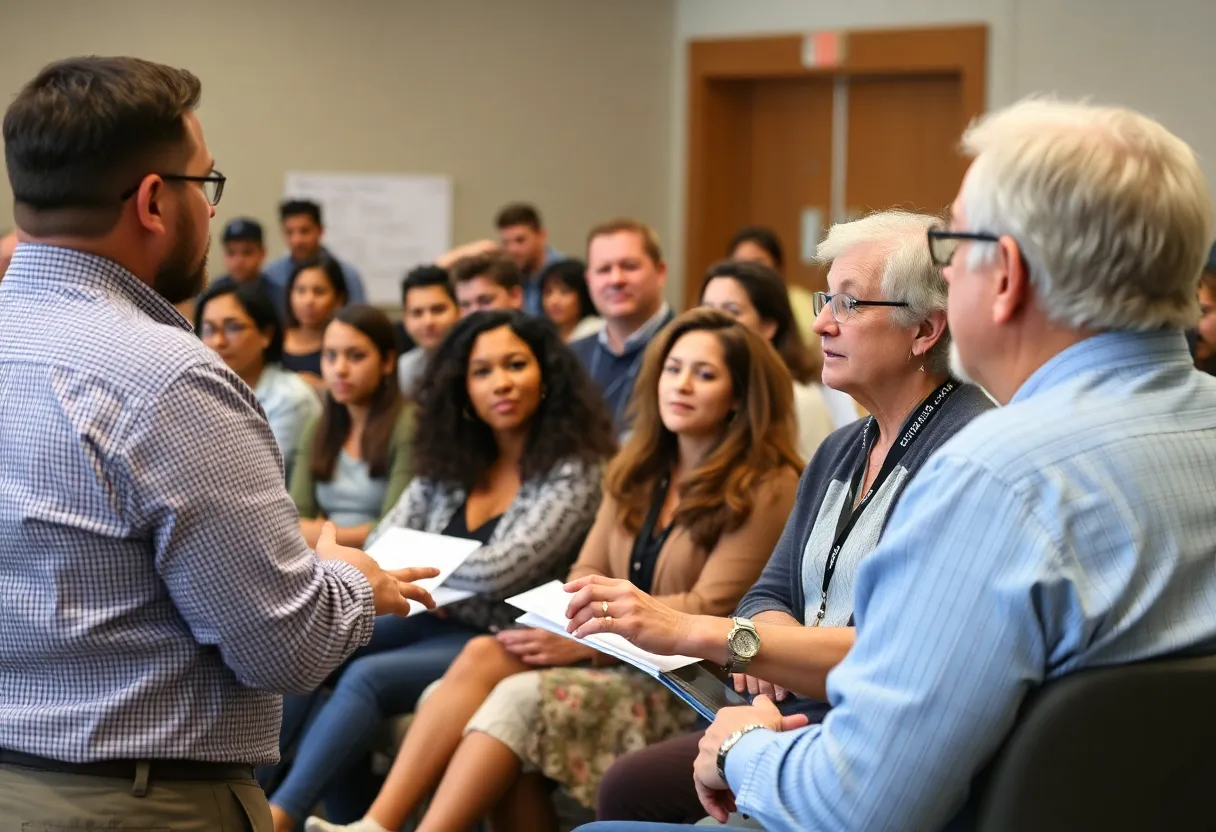 Community members discussing early childhood education at a town hall.