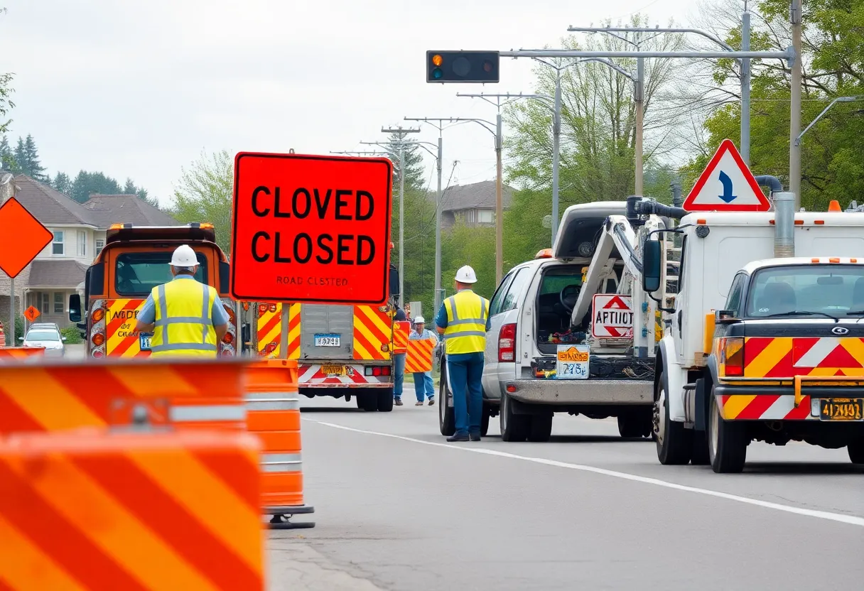 Road construction scene in Warren County with signs indicating closure.