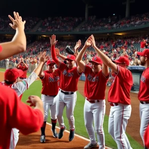 WKU Baseball team celebrating their victory with fans cheering