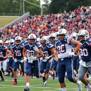 WKU Football players in action during a game, highlighting teamwork and excitement.