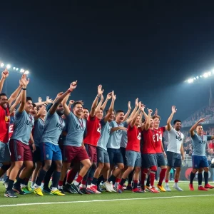 Western Kentucky University football players celebrating on the field