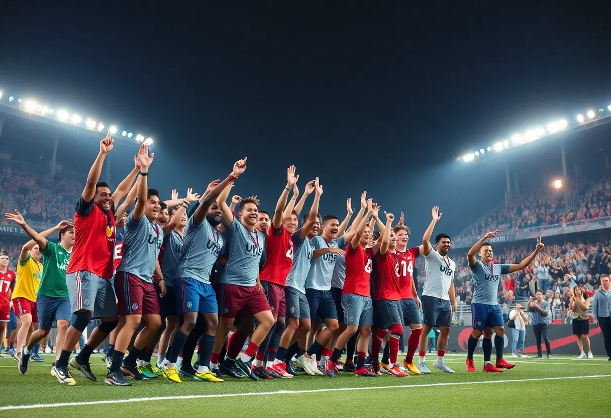 Western Kentucky University football players celebrating on the field