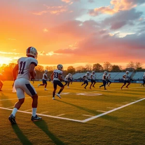 WKU Football players practicing on the field at sunset