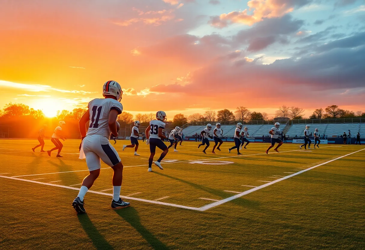 WKU Football players practicing on the field at sunset