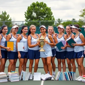 WKU Women's Tennis team celebrating their academic achievements on the tennis court.