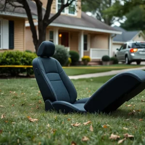 Car seat abandoned in a front yard, symbolizing a tragic event.