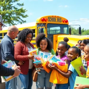 Community members participating in a back to school supplies donation event
