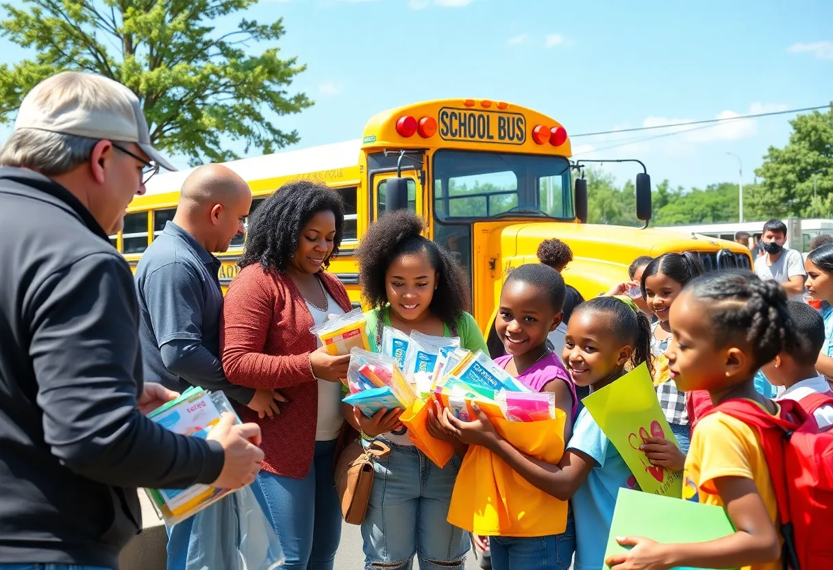 Community members participating in a back to school supplies donation event