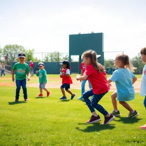 Children and volunteers playing baseball on an inclusive field