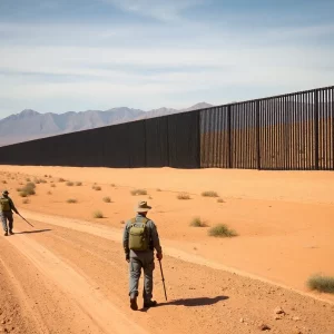 Black-painted U.S.-Mexico border wall with military presence.