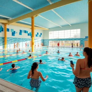 Renovated Bowling Green Aquatic Center with families enjoying the water