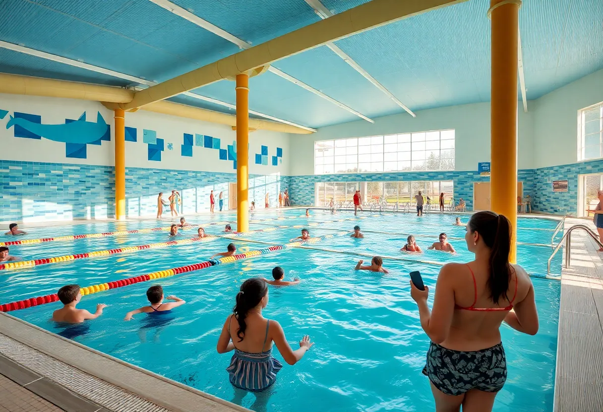 Renovated Bowling Green Aquatic Center with families enjoying the water