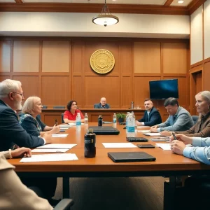 Community members discussing property tax at Bowling Green city hall