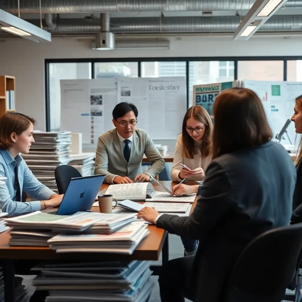 Bowling Green Daily News office with reporters engaged in discussion