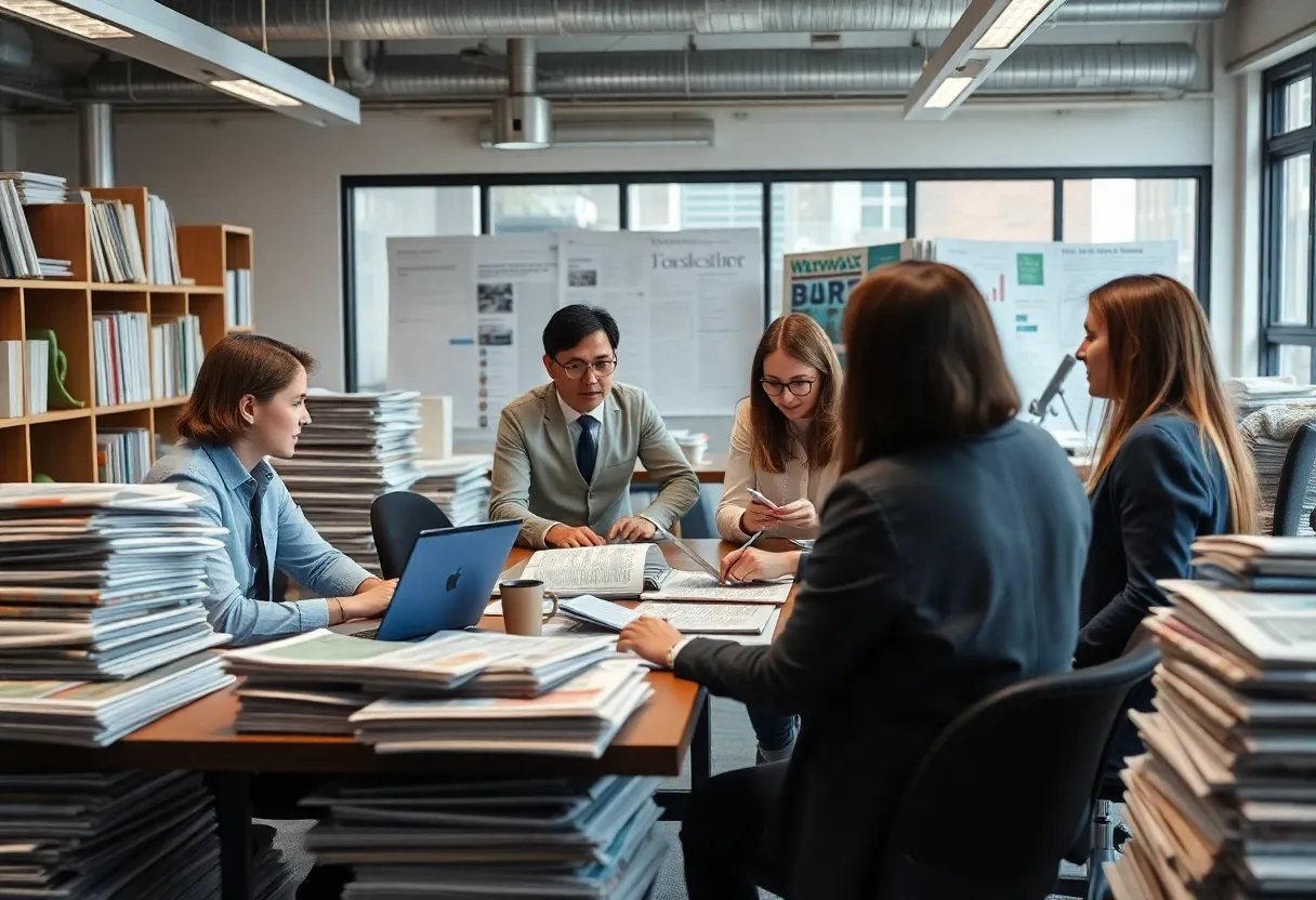 Bowling Green Daily News office with reporters engaged in discussion