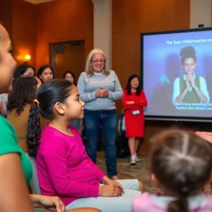 Community leaders and families at an early childhood education event