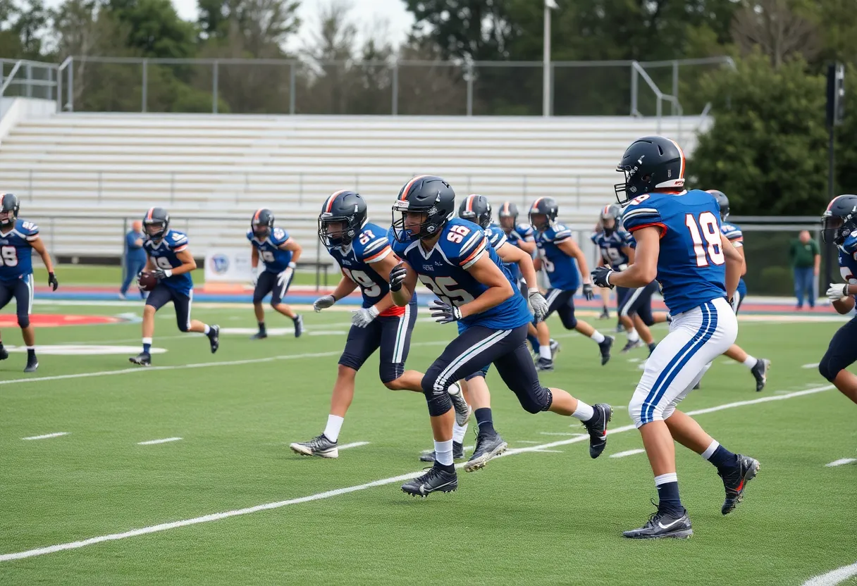 High school football team practicing on a field