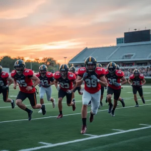 Football team practicing on a field