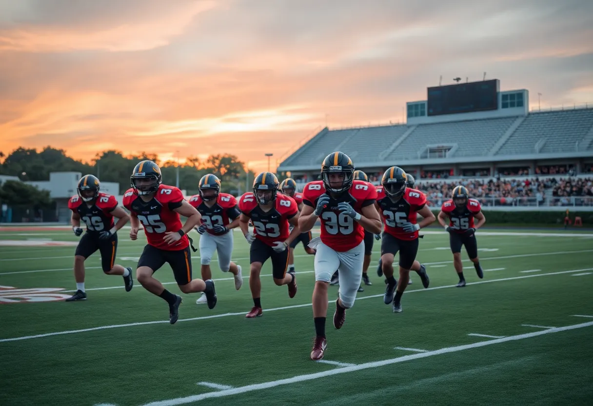 Football team practicing on a field