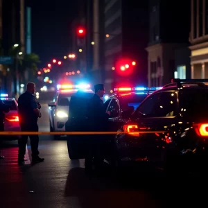 Police officers investigating a hit-and-run incident on a city street at night