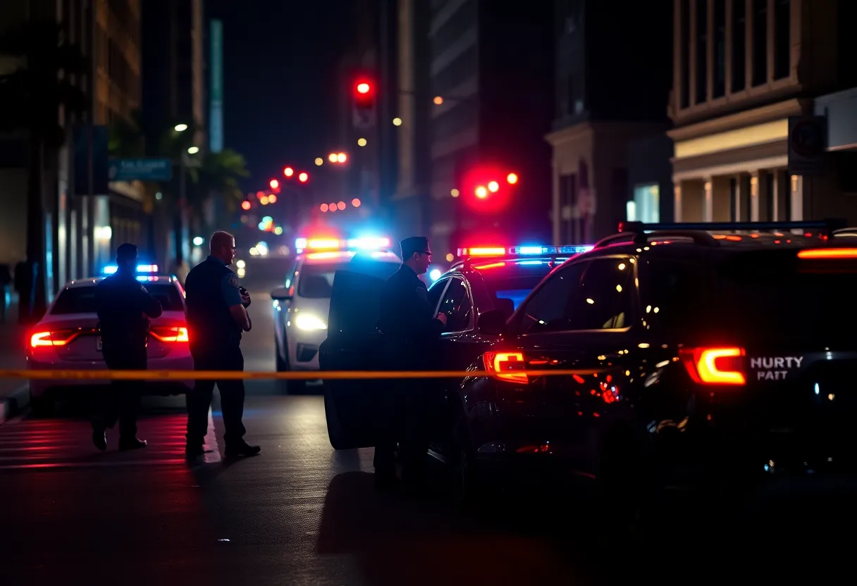 Police officers investigating a hit-and-run incident on a city street at night