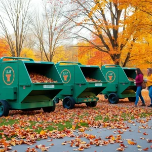 Autumn scene with leaf collection machines in a Bowling Green park