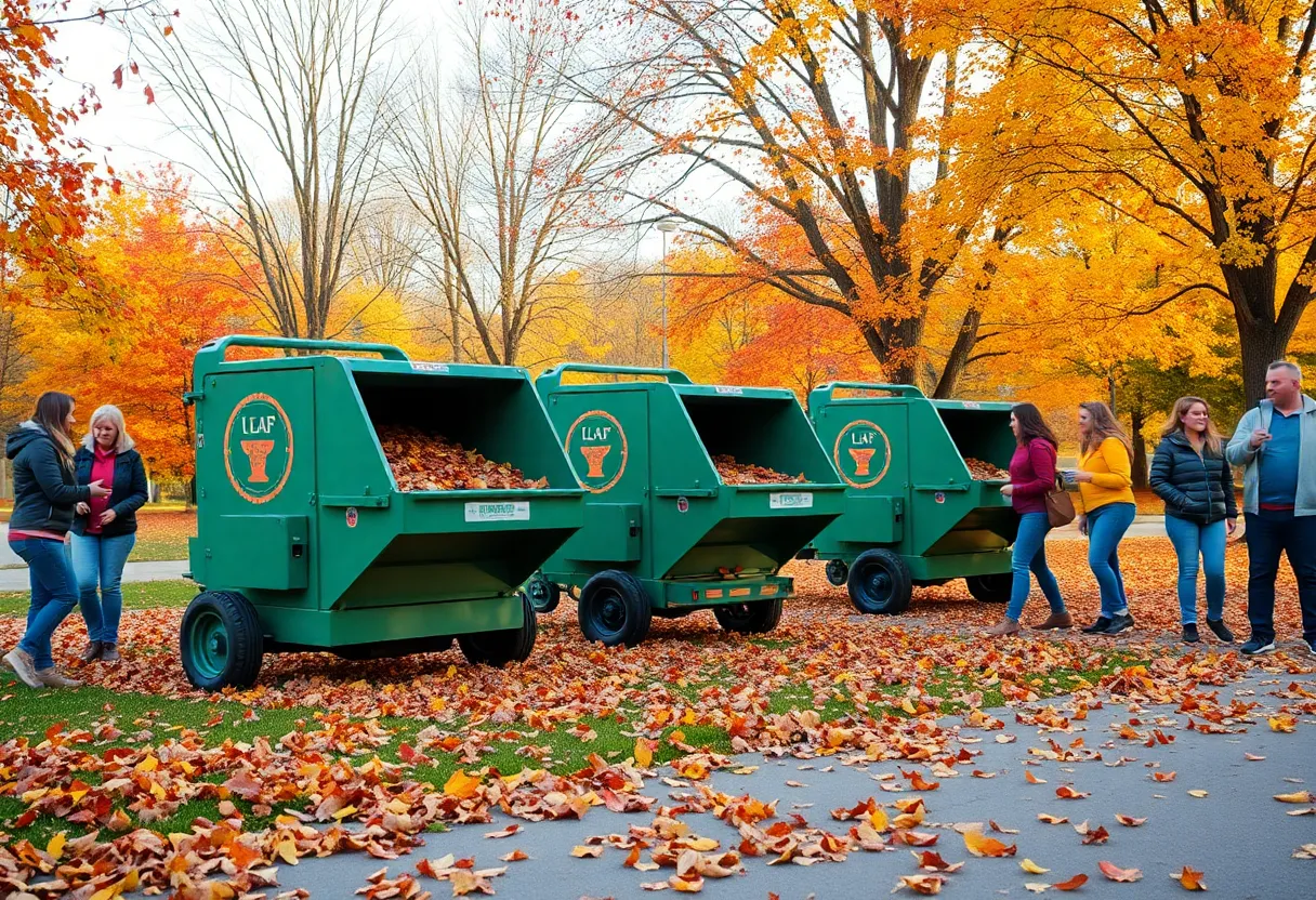 Autumn scene with leaf collection machines in a Bowling Green park