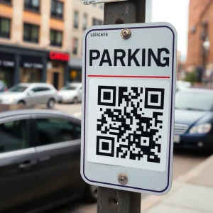 Parking sign in Bowling Green with a fake QR code sticker