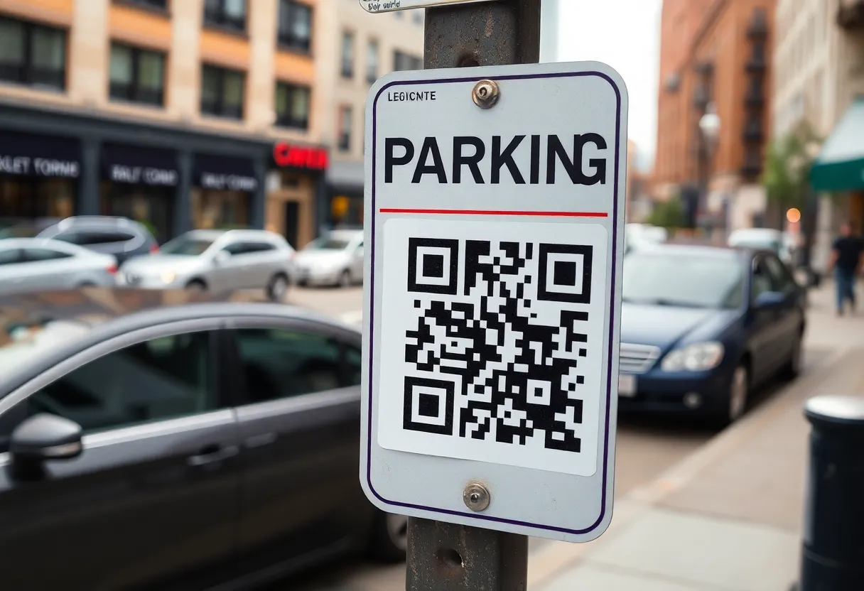 Parking sign in Bowling Green with a fake QR code sticker