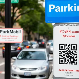 Urban parking scene showcasing QR codes and signs in Bowling Green KY